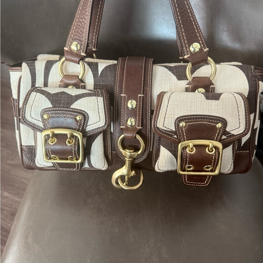 Coach Brown and Cream Satchel with Gold Accents